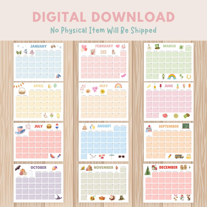 2025 Calendar Printable, Cute Kids Watercolor Calendar 2025, Wall