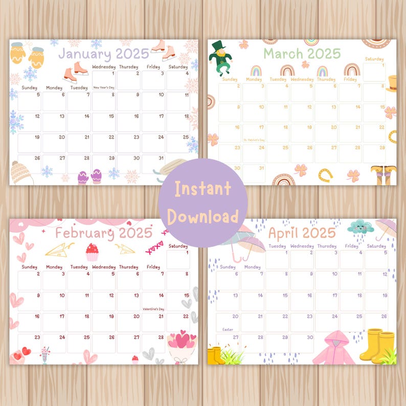 Kids Printable Calendar 2025 Editable Wall Calendar, Kids Organization