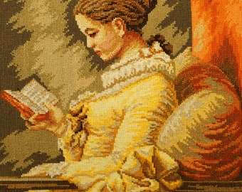 Girl reading. Handmade Cross Stitch Embroidery Artwork