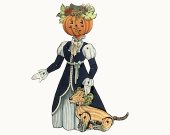 Ms. Pumpkin with Dachshund Pup, Articulated Paper Dolls, Victorian Fashion, Halloween, Fall Decoration