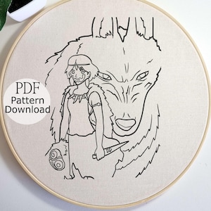 Ghibli Embroidery Pattern, Princess Mononoke Embroidery Design, Japanese Embroidery, Hand Embroidery Anime, Hand Embroidery for Begginer