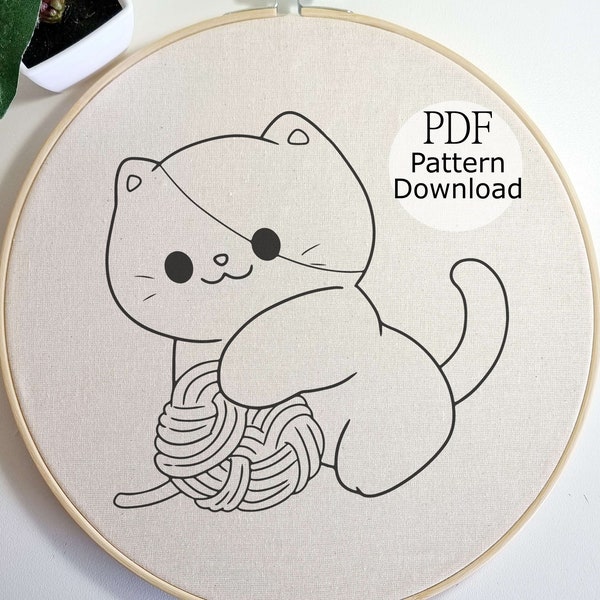 Cat Playing With Yarn Embroidery Pattern, Cute Cat Embroidery Design, Hand Embroidery for Begginers, Animal Embroidery, Pet Embroidery