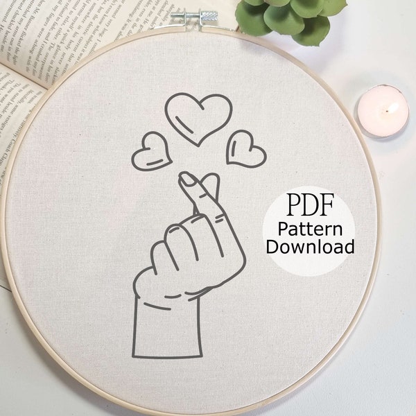 Korean Finger Heart Embroidery PDF, Hand Embroidery for Begginers, PDF Templante, Kpop Inspired Design, DIY Embroidery, Easy Embroidery