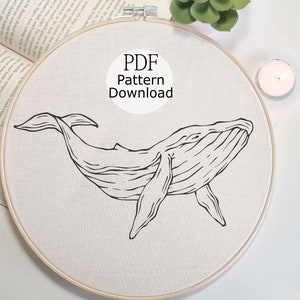 Swimming Whale Embroidery Pattern, DIY Ocean-Inspired Needlework Design, Hand Embroidery PDF, Stitch Guide, Nautic Underwater Design