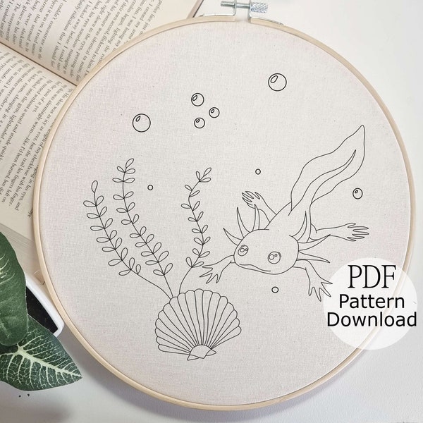 Axolotl Embroidery Pattern PDF, DIY Aquatic Needlework Design, Hand Embroidery Templante, Stitch Guide, Aquatic Life Stitching