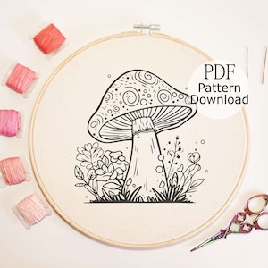 Floral Mushroom Embroidery Design, Hand embroidery pattern, Embroidery PDF File, Garden embroidery design, DIY Nature Needlework