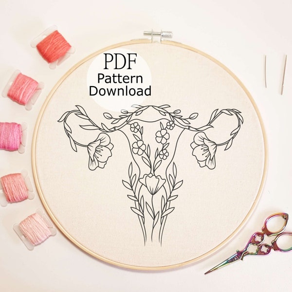 Floral Uterus Embroidery Pattern, Feminist Design, Hand Embroidery for Begginers, DIY Embroidery, Easy Embroidery PDF