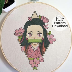 Nezuko Embroidery Pattern, Demon Slayer Embroidery Design, Anime Hand Embroidery, Hand Embroidery for Begginer, Japanese Embroidery