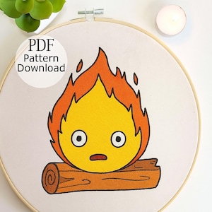 Calcifer Embroidery Pattern, Ghibli Embroidery Pattern, Japanese Embroidery, Hand Embroidery Anime, Hand Embroidery for Begginer