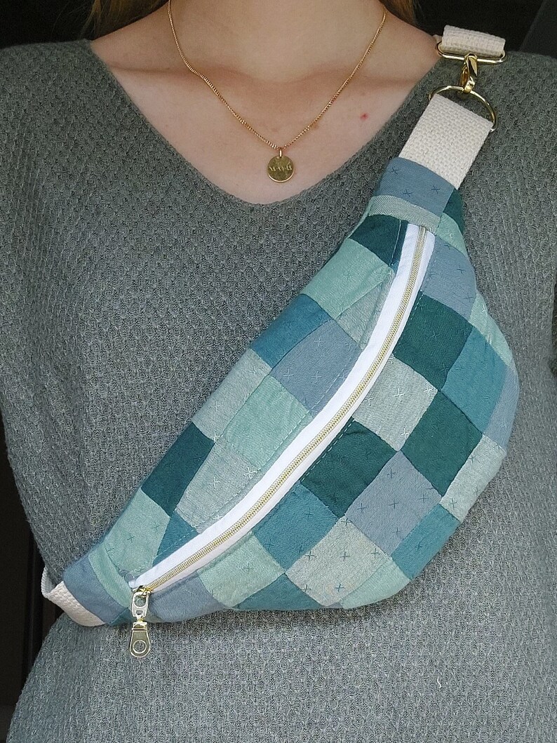 Handmade Blue and Green Quilt Bum Bag Quilt Belt Bag Colorful Fanny