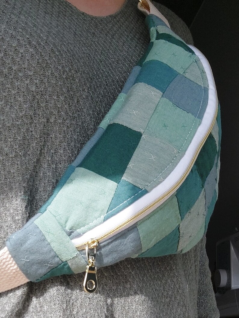 Handmade Blue and Green Quilt Bum Bag Quilt Belt Bag Colorful Fanny