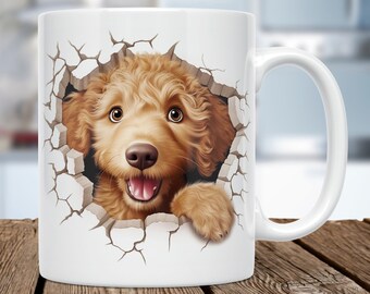 May include: A white ceramic mug with a brown and white dog peeking out of a cracked wall design. The dog has brown fur, a black nose, and a happy expression.