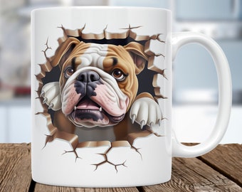 May include: White ceramic mug with a brown and white bulldog peeking out of a cracked wall design. The bulldog has a pink nose and tongue.