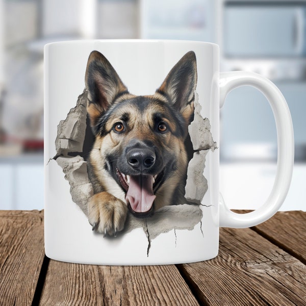 German Shepherd Mug Wrap PNG, Dog in Wall Hole Digital File. 11 & 15 oz sizes. Dog Breaking Through Wall Design.