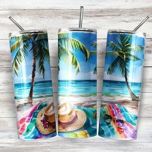 May include: Three stainless steel tumblers with a beach scene design. Each tumbler features a palm tree, ocean waves, and a beach towel with a straw hat and sunglasses.
