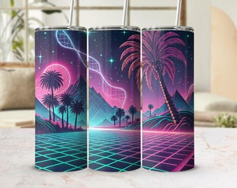 Adesivo per bicchiere Synthwave, Palma retrò anni '80 PNG (Download digitale)