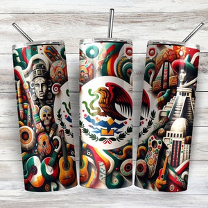 Mexico Tumbler Wrap Png with Abstract Aztec Background – Mexican Flag Design for 20 oz Skinny Tumbler Sublimation.