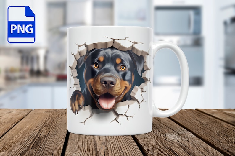 May include: White ceramic mug with a graphic of a Rottweiler dog's head peeking through a cracked wall. The dog has black fur, brown eyes, and a pink tongue sticking out.