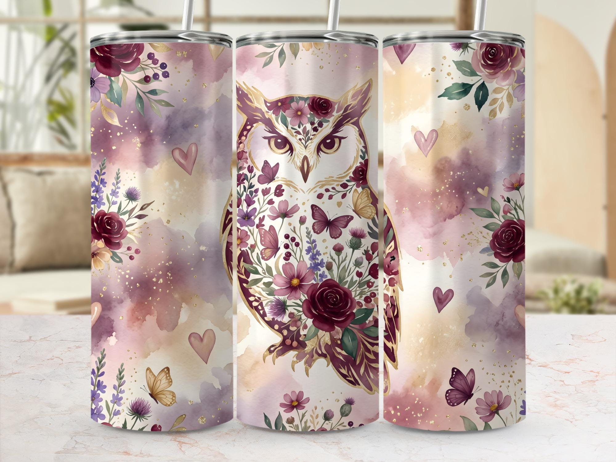 Floral Owl Tumbler Wrap PNG, 20oz Skinny Sublimation Design, Watercolor Boho Gold Effect Owl Digital