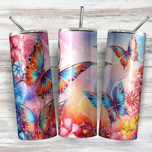 Butterfly Tumbler Wrap Png with Floral Design – Butterflies Design for 20 oz Skinny Tumbler Sublimation – Perfect Gift for Flower Lovers.