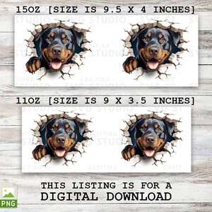 May include: Two digital downloads of a Rottweiler dog peeking through a cracked wall. The larger image is 9.5 inches by 4 inches and the smaller image is 9 inches by 3.5 inches.