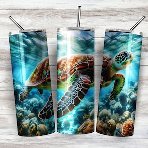 Emballage pour verre au sol tortue de mer - Style photographique, 20 oz, vert et brun vifs, thème de la vie marine gracieuse