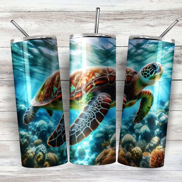 Sea Turtle Ocean Floor Tumbler Wrap - Photographic Style 20 oz Design, Vibrant Green & Brown, Graceful Marine Life Theme