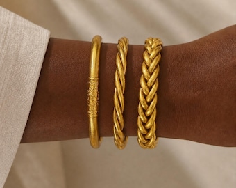Set of 3 Gold Buddhist Bracelets – Thai Lucky Bangles – Spiritual Jewelry for Women – Good Luck, Protection & Positive Energy