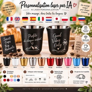 Op de afbeelding: Twee zwarte roestvrijstalen bekers met lasergravures van tekst en afbeeldingen. De ene beker toont de Franse tekst Profite de chaque instant met een bergontwerp, de andere toont Good Vibes Only met een palmboom en golvende lijnen.