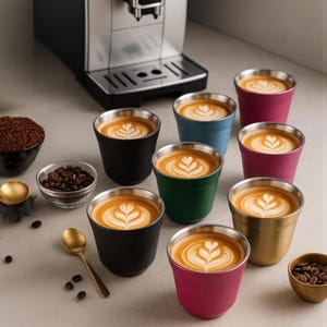 Puede incluir: Una colección de tazas de café coloridas con arte latte, junto con granos de café, una cuchara dorada y una máquina de espresso. Las tazas son de varios colores, incluyendo negro, verde, azul, rosa y dorado, cada una llena de café y con un diseño decorativo.