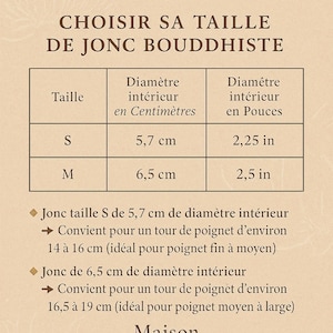 May include: A beige chart with text in French, including measurements for bangle sizes. The chart shows sizes S and M, with corresponding inner diameters in centimeters and inches. The text also includes Maison YVELISE.