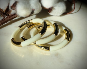 Handgemaakte kralenarmband, kralenarmband van acryl en hars, buiskralenarmband, goud, ivoor [Beperkte voorraad] [Flash PROMO]