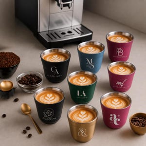 Peut inclure: Un assortiment de tasses à café colorées avec du latte art, chacune avec un design et un nom uniques. Les tasses sont disposées autour de grains de café, d'une cuillère dorée et d'une machine à café. Les tasses sont de différentes couleurs, dont le noir, le bleu, le vert, le rose et l'or.