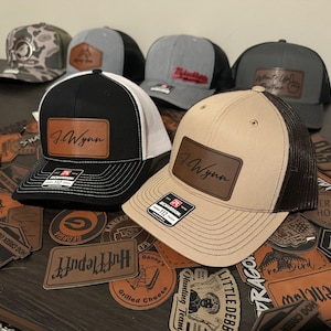 Custom Leather Patches | Custom Logo Trucker Hat | Leather Patch Hat | Leatherette Patch | Engraved Leatherette Patches |  Hat