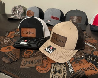 Custom Leather Patches | Custom Logo Trucker Hat | Leather Patch Hat | Leatherette Patch | Engraved Leatherette Patches |  Hat