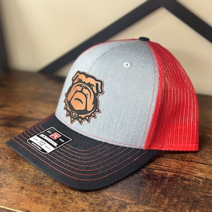 Georgia Bulldogs Logo Hat | Leather Patch Hat | Bulldogs Hat | Football Hat | Leatherette | Trucker Hat