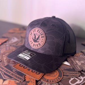 If It Flies It Dies Dove Shoot Hat | Dove Hunting Hat | Tik Tok Hat | Leather Patch Hat | Leatherette | Trucker Hat | Gift for Boyfriend