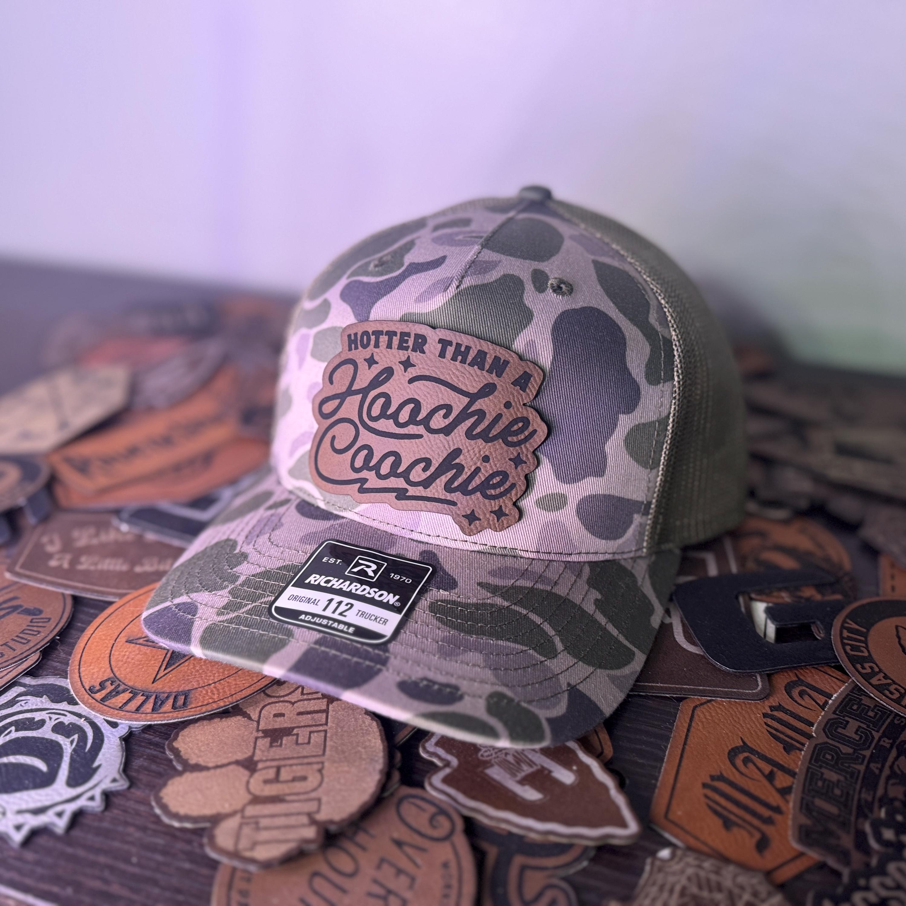 Hotter Than A Hoochie Coochie Hat | Leather Patch Hat | Alan Jackson Inspired Hat | Leatherette | Trucker Hat