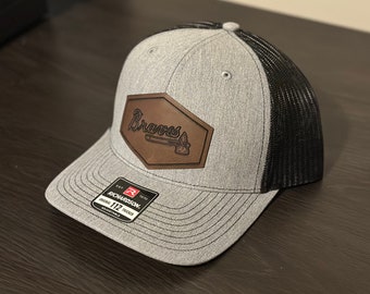 MLB Team Hat | Leather Patch Hat | Braves Hat | Baseball Hat | Leatherette| Trucker Hat
