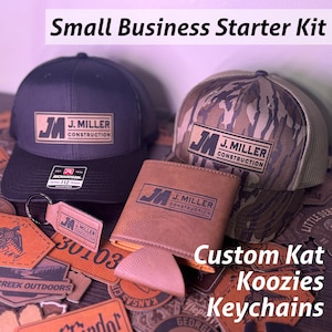 May include: A small business starter kit with a black and a camouflage trucker hat, a brown leather wallet, and a leather keychain. The hats and wallet have the text "J. Miller Construction" on them. The kit also includes custom koozies and keychains.