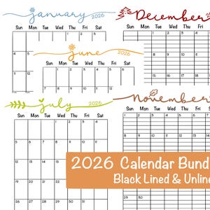 Calendario mensile 2026 stampabile in PDF, modello minimalista con e senza righe, semplice organizer per anno e mese