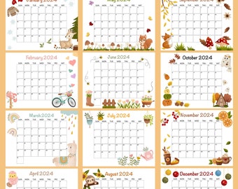 Printable calendar 2024, monthly cute animal home school kids planner pdf template landscape, letter size 11x8.5