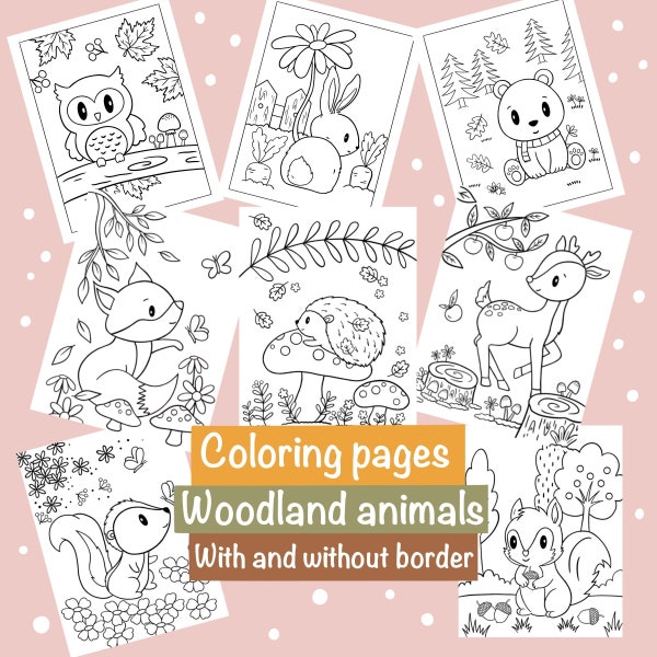 Printable coloring pages pdf, cute woodland animals, forest jungle nature theme bundle, kids activity home school classroom coloring sheet