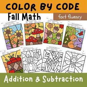 Color by code Math, Addition & Subtraction Worksheets Practice, Autumn Fall Coloring page, Kids Activity Homeschool Classroom