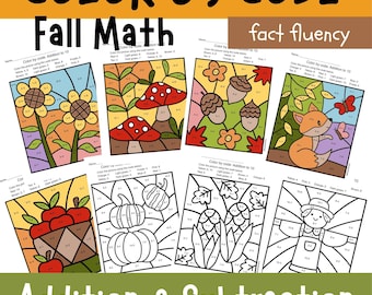 May include: A collection of eight Color by Code Fall Math worksheets featuring addition and subtraction problems. The pages display illustrations of sunflowers, mushrooms, acorns, a fox, apples, pumpkins, corn, and a scarecrow with color keys.