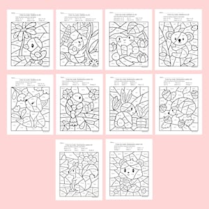 May include: A collection of ten printable color-by-number worksheets. Each worksheet features a different animal or object, such as a duck, bird, frog, koala, fox, squirrel, and bear. The worksheets are designed for addition and subtraction practice.