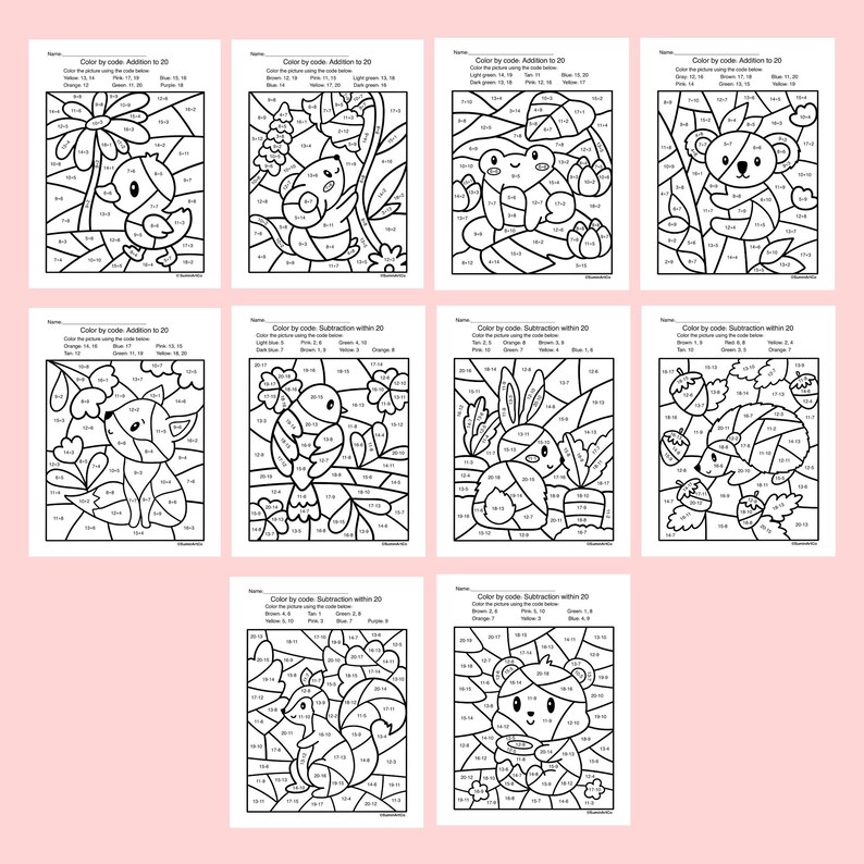 May include: A collection of ten printable color-by-number worksheets. Each worksheet features a different animal or object, such as a duck, bird, frog, koala, fox, squirrel, and bear. The worksheets are designed for addition and subtraction practice.
