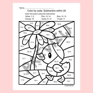 May include: A black and white color-by-code worksheet with a duck and flower design. The worksheet includes subtraction problems within 20 and a color key. The text at the top reads "Color by code: Subtraction within 20".
