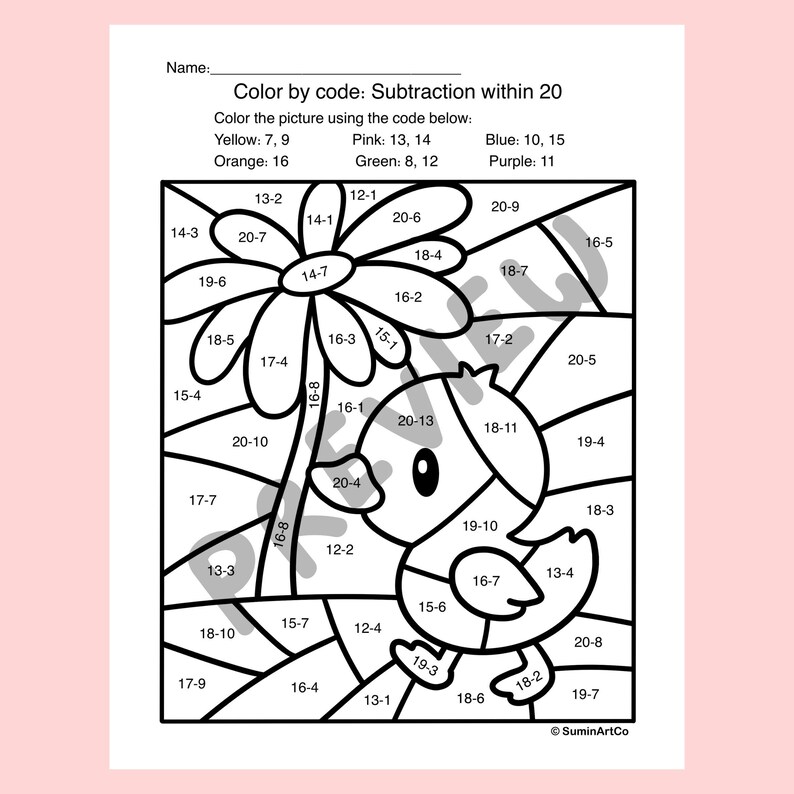 May include: A black and white color-by-code worksheet with a duck and flower design. The worksheet includes subtraction problems within 20 and a color key. The text at the top reads "Color by code: Subtraction within 20".