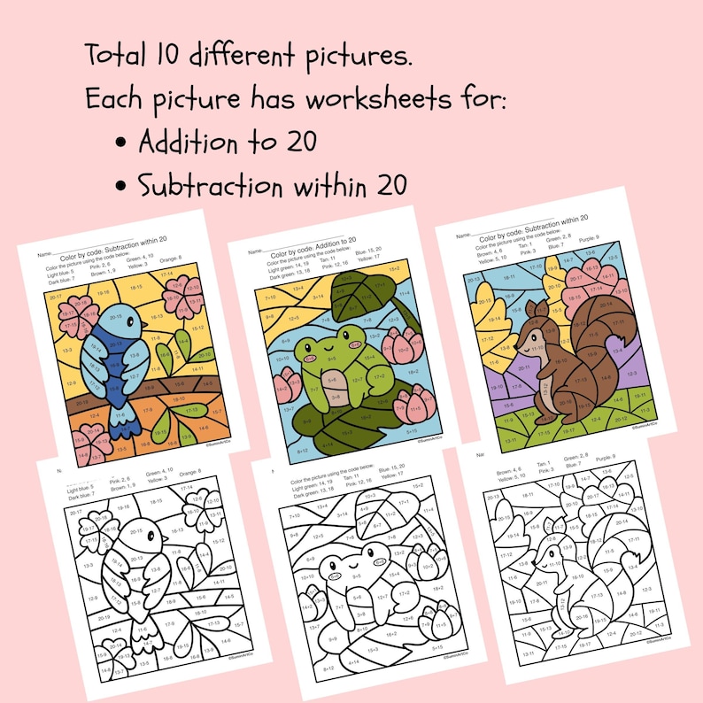 May include: A collection of six color-by-code worksheets for children. The worksheets feature images of a bird, frog, and squirrel, with instructions for addition to 20 and subtraction within 20. The text at the top says "Total 10 different pictures."
